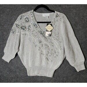 Vintage Nannell Hand Knitted Silver Sequin Dolman Sweater Top - Size M